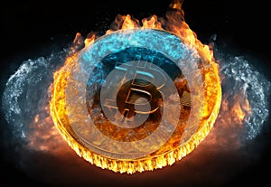 Golden bitcoin coin fire and ice