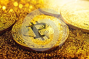 Golden bitcoin coin with glitter lights grunge crypto Currency