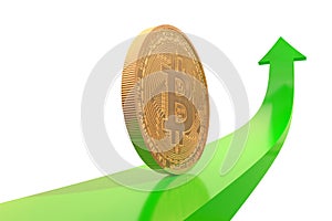 Golden bitcoin coin on green arrow upward