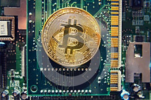 Golden bitcoin coin lying on computer motherboard, cryptocurrency mining concept