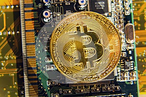 Golden bitcoin coin lying on computer motherboard, cryptocurrency mining concept
