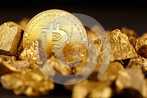 Golden Bitcoin Coin and mound of gold. Bitcoin cryptocurrency. Business concept