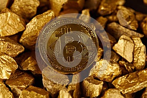 Golden Bitcoin Coin and mound of gold. Bitcoin cryptocurrency. Business concept