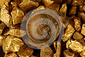 Golden Bitcoin Coin and mound of gold. Bitcoin cryptocurrency. Business concept