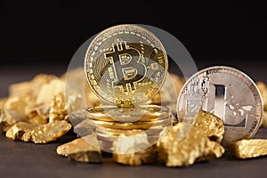 Golden Bitcoin Coin and mound of gold. Bitcoin cryptocurrency. Business concept