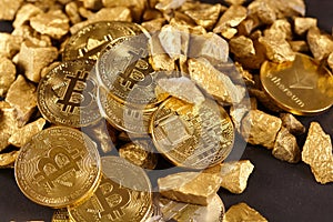 Golden Bitcoin Coin and mound of gold. Bitcoin cryptocurrency. Business concept