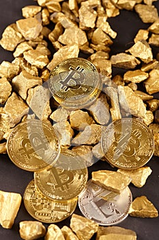 Golden Bitcoin Coin and mound of gold. Bitcoin cryptocurrency. Business concept