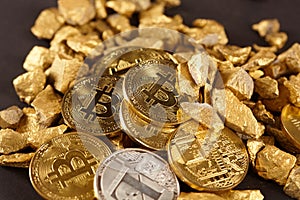 Golden Bitcoin Coin and mound of gold. Bitcoin cryptocurrency. Business concept