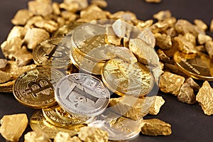 Golden Bitcoin Coin and mound of gold. Bitcoin cryptocurrency. Business concept