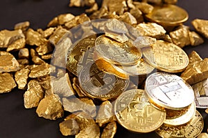 Golden Bitcoin Coin and mound of gold. Bitcoin cryptocurrency. Business concept