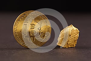 Golden Bitcoin Coin and mound of gold. Bitcoin cryptocurrency. Business concept