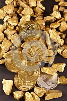 Golden Bitcoin Coin and mound of gold. Bitcoin cryptocurrency. Business concept