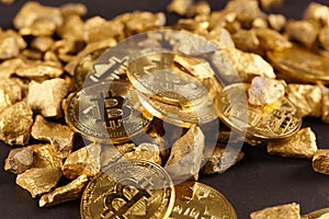 Golden Bitcoin Coin and mound of gold. Bitcoin cryptocurrency. Business concept