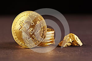 Golden Bitcoin Coin and mound of gold. Bitcoin cryptocurrency. Business concept