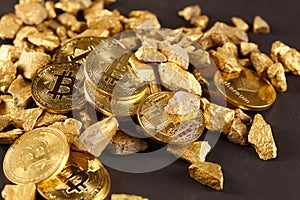 Golden Bitcoin Coin and mound of gold. Bitcoin cryptocurrency. Business concept