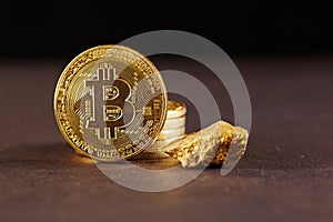 Golden Bitcoin Coin and mound of gold. Bitcoin cryptocurrency. Business concept