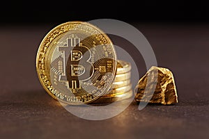 Golden Bitcoin Coin and mound of gold. Bitcoin cryptocurrency. Business concept