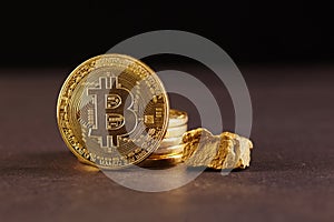 Golden Bitcoin Coin and mound of gold. Bitcoin cryptocurrency. Business concept