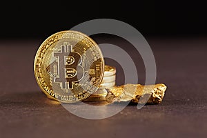 Golden Bitcoin Coin and mound of gold. Bitcoin cryptocurrency. Business concept