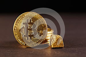 Golden Bitcoin Coin and mound of gold. Bitcoin cryptocurrency. Business concept