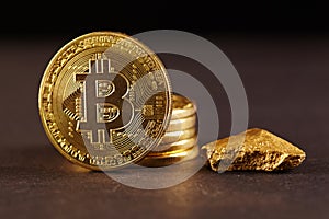 Golden Bitcoin Coin and mound of gold. Bitcoin cryptocurrency. Business concept