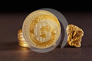 Golden Bitcoin Coin and mound of gold. Bitcoin cryptocurrency. Business concept