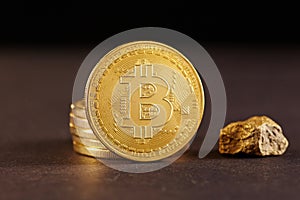 Golden Bitcoin Coin and mound of gold. Bitcoin cryptocurrency. Business concept