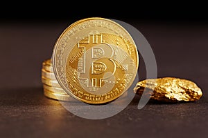 Golden Bitcoin Coin and mound of gold. Bitcoin cryptocurrency. Business concept