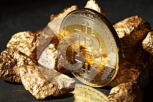 Golden Bitcoin Coin and mound of gold. Bitcoin cryptocurrency.