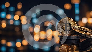 Golden Bitcoin coin positioned on a reflective surface with colorful bokeh lights in the background during evening