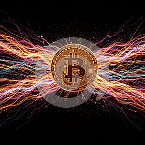 AI Generated Image of Golden Bitcoin Coin with Radiating Light Streaks and \