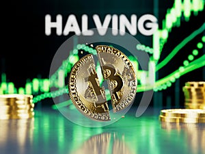 Golden Bitcoin coin split in half in front of a bullish BTC candlestick price chart background, concept of Halving, an event that