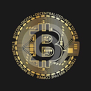 Golden bitcoin coin, vector crypto currency golden symbol