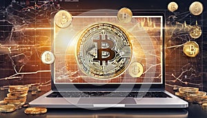 Golden bitcoin on a computer`s motherboard.created with the help of artificial intelligence