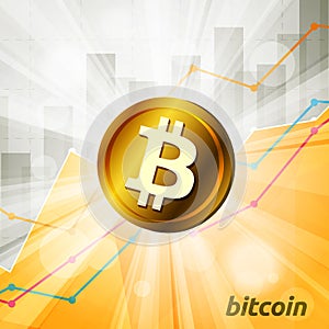 Golden bitcoin cryptocurrency in the bright rays on background w