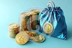 Golden bitcoin cryptocurrency coins in stacks and a blue bag representing digital currency