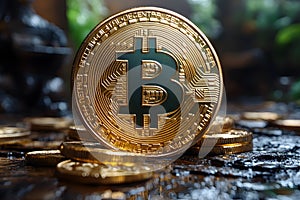 Golden Bitcoin Cryptocurrency Concept for Digital Finance and Blockchain Technology Generative AI photo