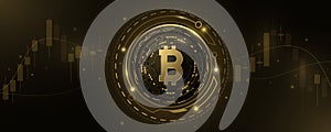 Golden Bitcoin cryptocurrency with HUD and candlestick pattern. Digital coin BTC for business banner. Technology concept.