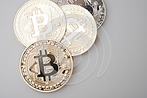 Golden bitcoin cryptocurrency on white background