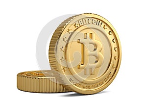 Golden bitcoin cryptography digital currency coins 3D illustration.