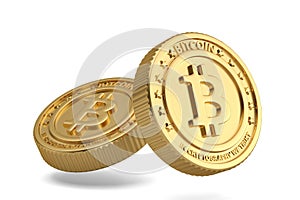 Golden bitcoin cryptography digital currency coins 3D illustration.