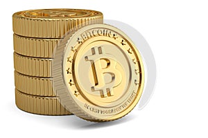 Golden bitcoin cryptography digital currency coins 3D illustration.