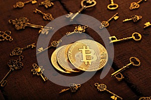 Golden BitCoin Currency Coin with Treasure Keys