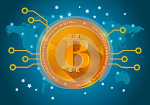 Golden bitcoin digital currency on a blue background of the world