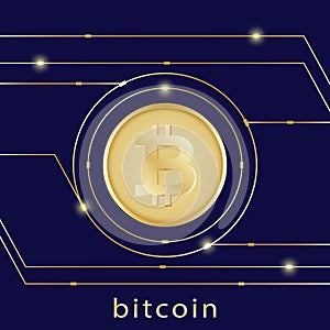 Golden bitcoin digital currency on dark blue background, futuris