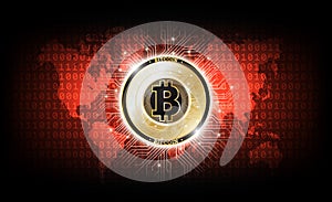 Golden bitcoin digital currency, futuristic digital money, technology worldwide network concept, vector illustration