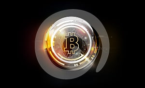 Golden bitcoin digital currency, futuristic digital money, technology worldwide network concept, vector illustration