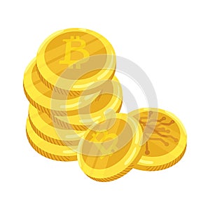 Golden bitcoin digital currency. A stack of coins bitcoin. Gold stack of bitcoins cryptocurrency coins. Mining. Vector