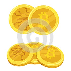 Golden bitcoin digital currency. A stack of coins bitcoin. Gold stack of bitcoins cryptocurrency coins. Mining. Vector