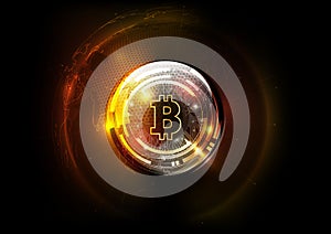 Golden bitcoin digital currency and world globe hologram, futuristic digital money and technology worldwide network concept